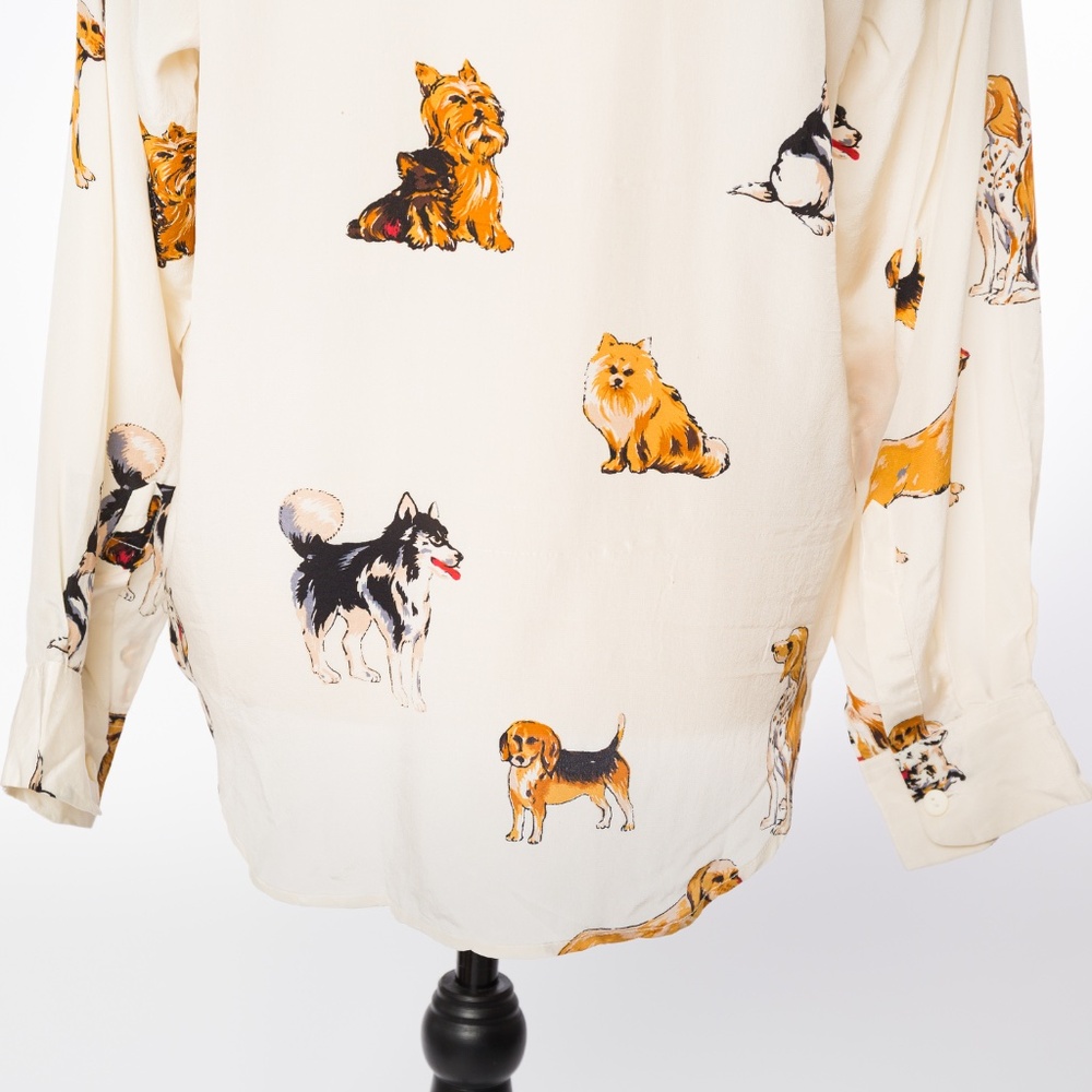 100% silk dog lover blouse cream Fu Da size M - Picture 6 of 12